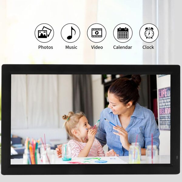 Bewinner Grand Cadre Photo Numérique HD 24 Pouces, Lecteur Vidéo Moniteur HDMI 1080p avec Télécommande, Diaporama de Support de Cadre Photo Numérique, Calendrier D'horloge