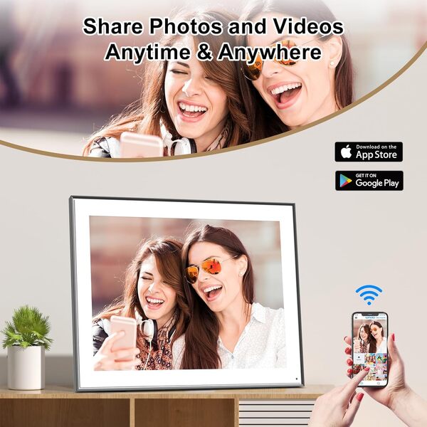 Grand cadre photo numérique de 43,2 cm – 32 Go à fixation murale, télécommande, détecteur de mouvement, fonctions complètes, partage de photos et vidéos instantanément, stockage illimité dans le cloud