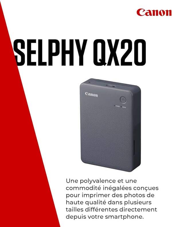 Canon Imprimante portable SELPHY QX20: impression par Wi-Fi depuis smartphone ou tablette. Sublimation thermique, 2 tailles de tirages autocollants et chargement USB-C - Noir (Sans encre ni papier)