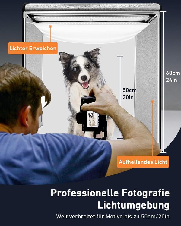 DUCLUS Studio Photo 60cm Portable Professionnel avec Lumières LED 50W 5600K Dimmable (96+ CRI) / Panneaux Lumineux Ajustables à 360° / 6 Toiles de Fond en PP Mat pour la Photographie de Produits