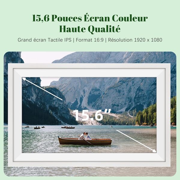 Cadre Photo Numérique WiFi 15,6 Pouces Bois Chêne Photo Éélectronique 32 GB Ecran Tactile IPS HD 1920x1080 pour Partager Photos et Vidéos Via Uhale, Montage Mural, Cadeau pour Femmes Hommes