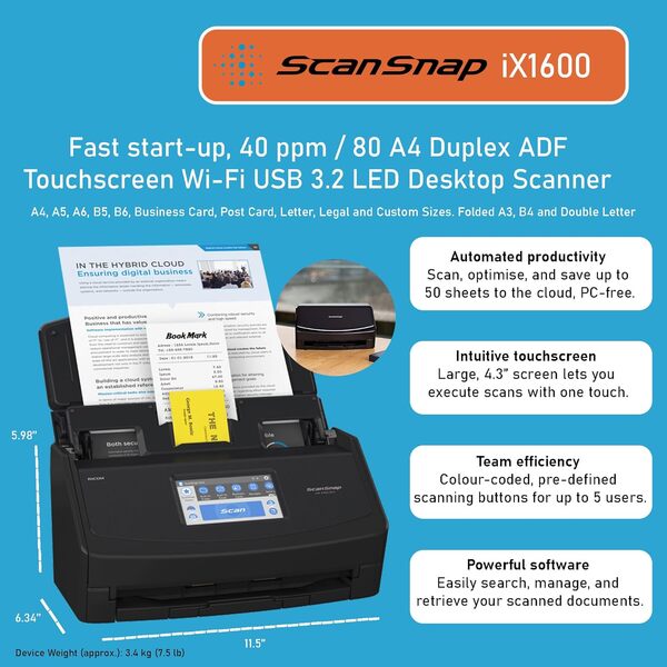ScanSnap iX1600 Noir Scanner de Documents - Recto Verso, ADF, A4, Wi-FI, sans Fil, USB 3.2