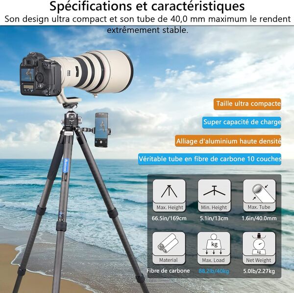 Monopode de trépied d'appareil Photo en Fibre de Carbone, diamètre de Tube de 40 mm, trépied d'appareil Photo Robuste Trépied de Voyage Professionnel Charge maximale 88 lb/40 kg (CS90C)