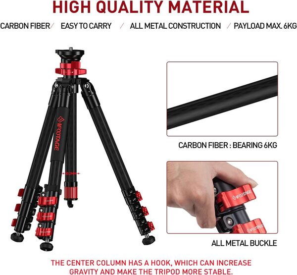 IFOOTAGE TC5S Trépied professionnel en carbone pour appareil photo 4 sections avec rotule rotative à 360 ° 150 cm