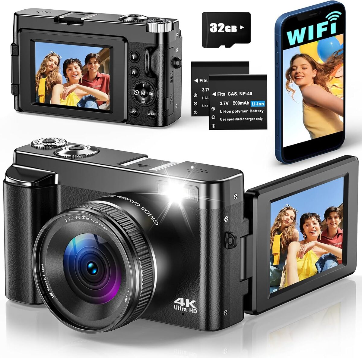 Test de l'appareil photo WiFi 4K 64MP avec écran rotatif