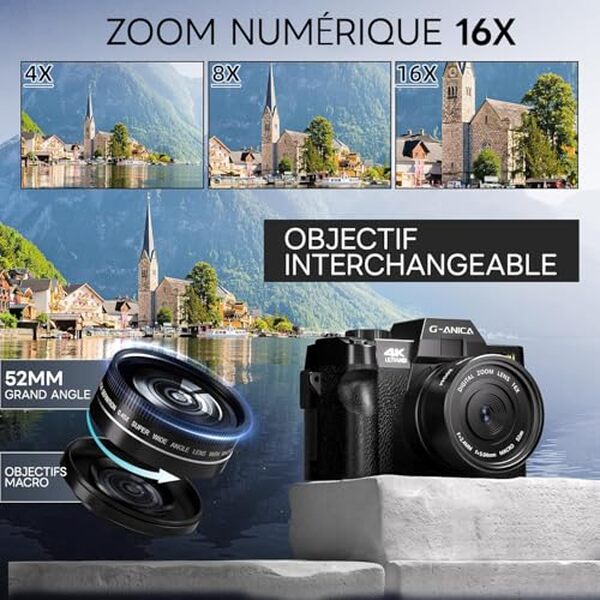 Découvrez le GBL Ture 4K, un appareil photo compact et performant, idéal pour le vlogging. Profitez de son enregistrement 4K de haute qualité et de son design pratique pour toutes vos aventures vidéo.