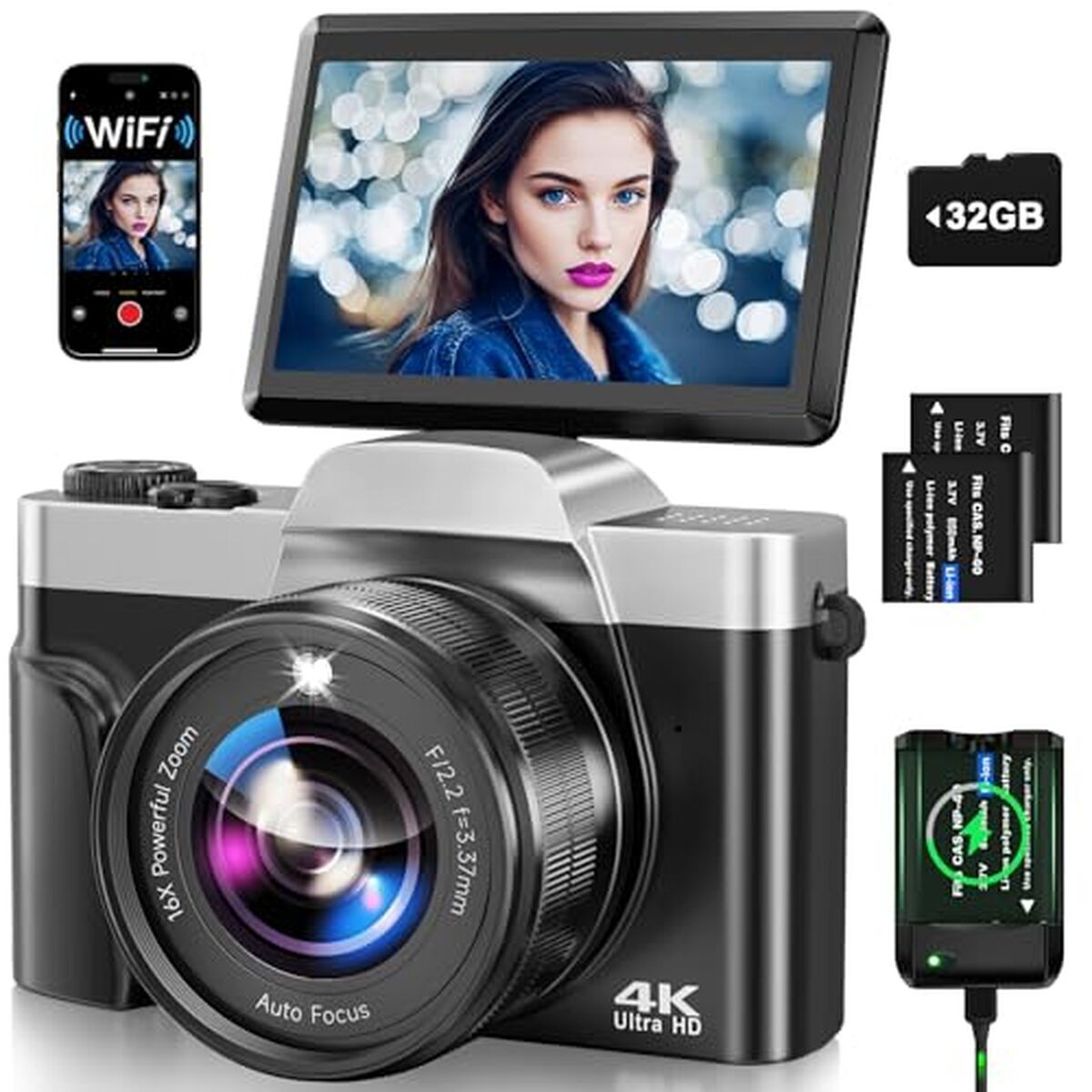 Test de l'appareil photo numérique 4K 64MP avec WiFi et écran rabattable
